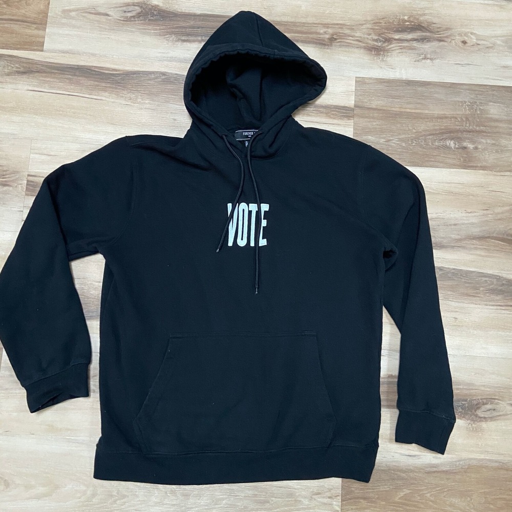 Forever 21 Men Hoodie Size M Vote Graphic Cotton Blend Pullover Black